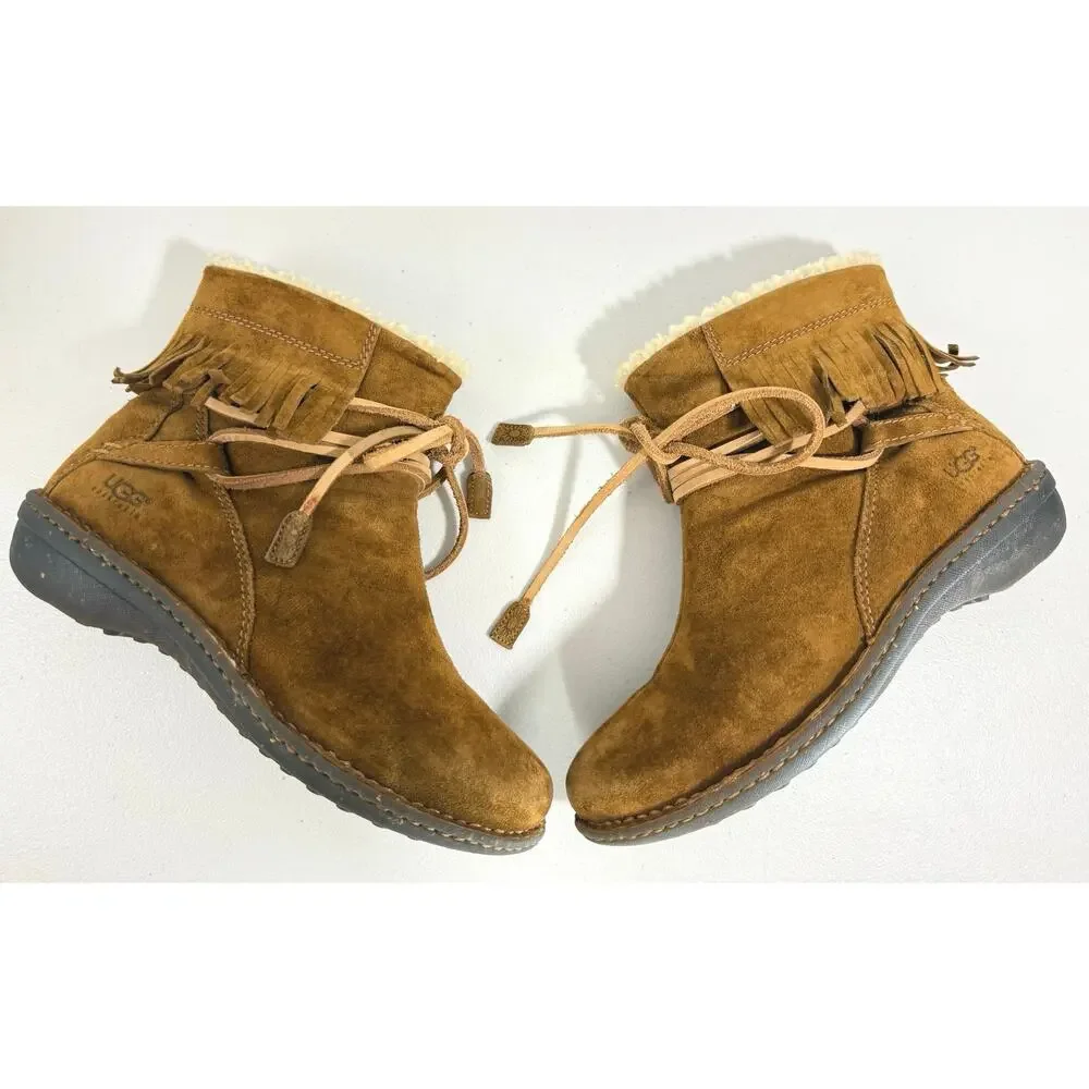 UGG Gaviota Suede Fringe Ankle Boots Womens Size 9 Brown Style 5749 - Picture 3 of 12